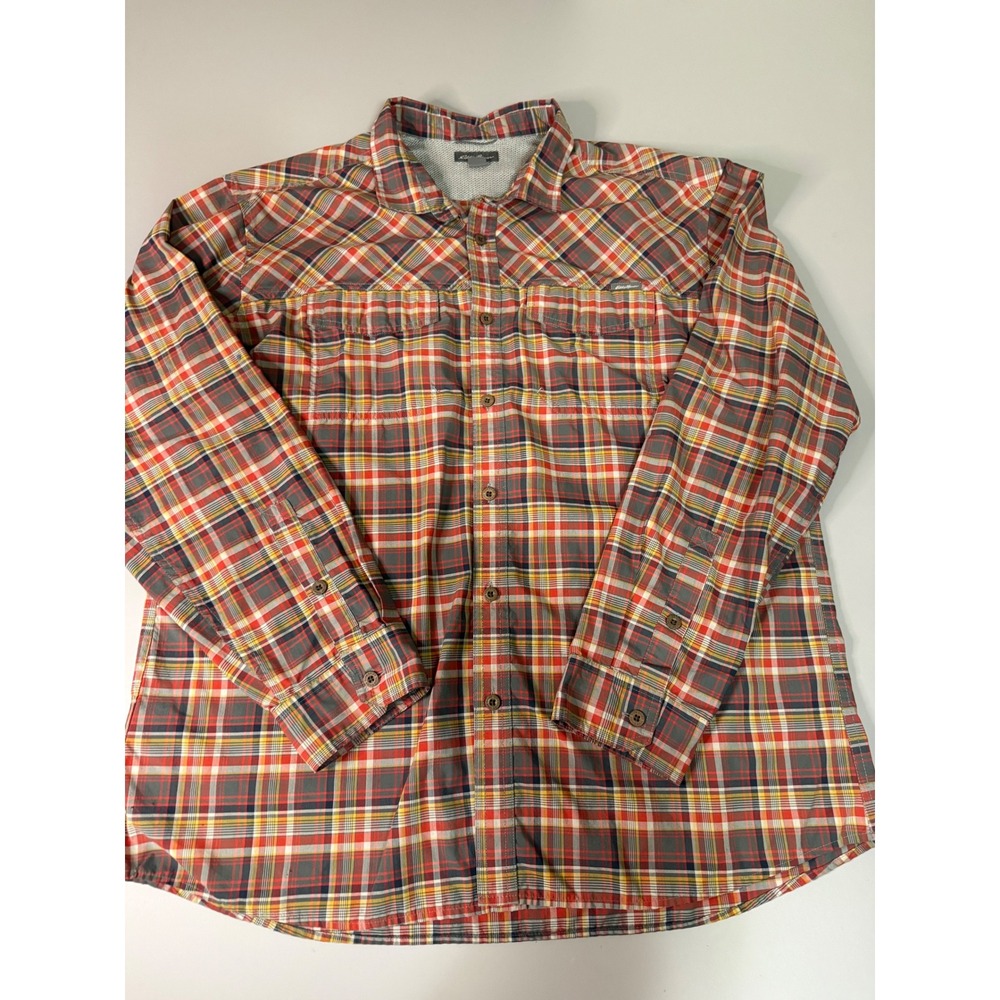 Eddie Bauer Travex Mens XL Plaid Button Up Shirt Red Hiking Travel Mesh Lined